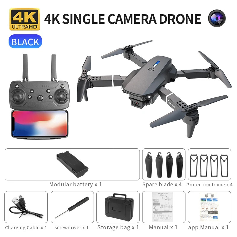 Drone Cinematic - โดรนพับได้อัจฉริยะ E88 Pro รองรับการสลับกล้องเดี่ยว/คู่ คุณภาพภาพ 4K+การถ่ายภาพมุมกว้าง